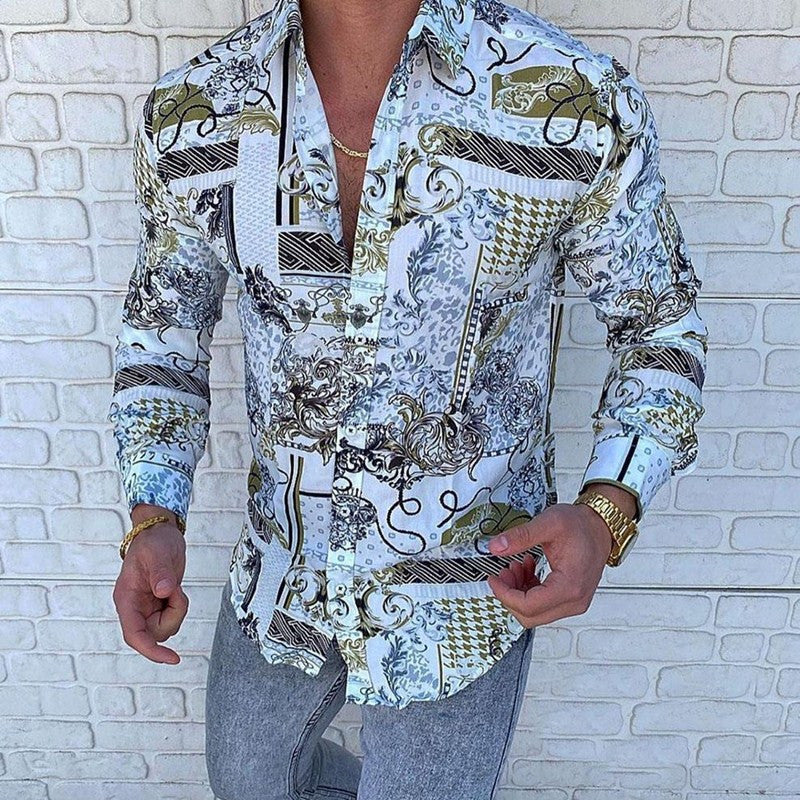 Lapel 3D Printed Casual Slim-fit Long-sleeved Shirt