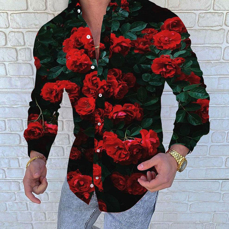 Lapel 3D Printed Casual Slim-fit Long-sleeved Shirt