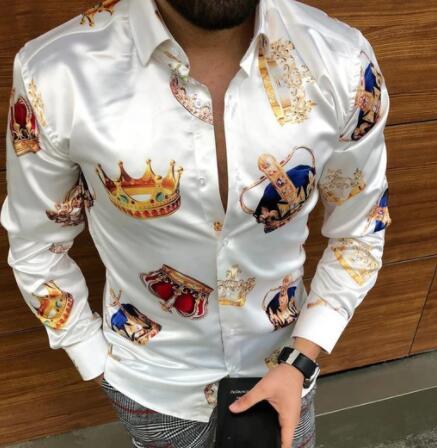 Lapel 3D Printed Casual Slim-fit Long-sleeved Shirt