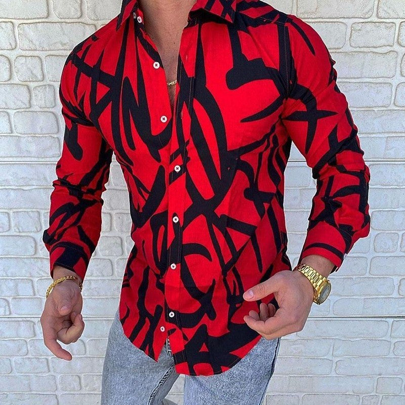 Lapel 3D Printed Casual Slim-fit Long-sleeved Shirt