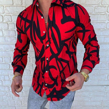 Lapel 3D Printed Casual Slim-fit Long-sleeved Shirt