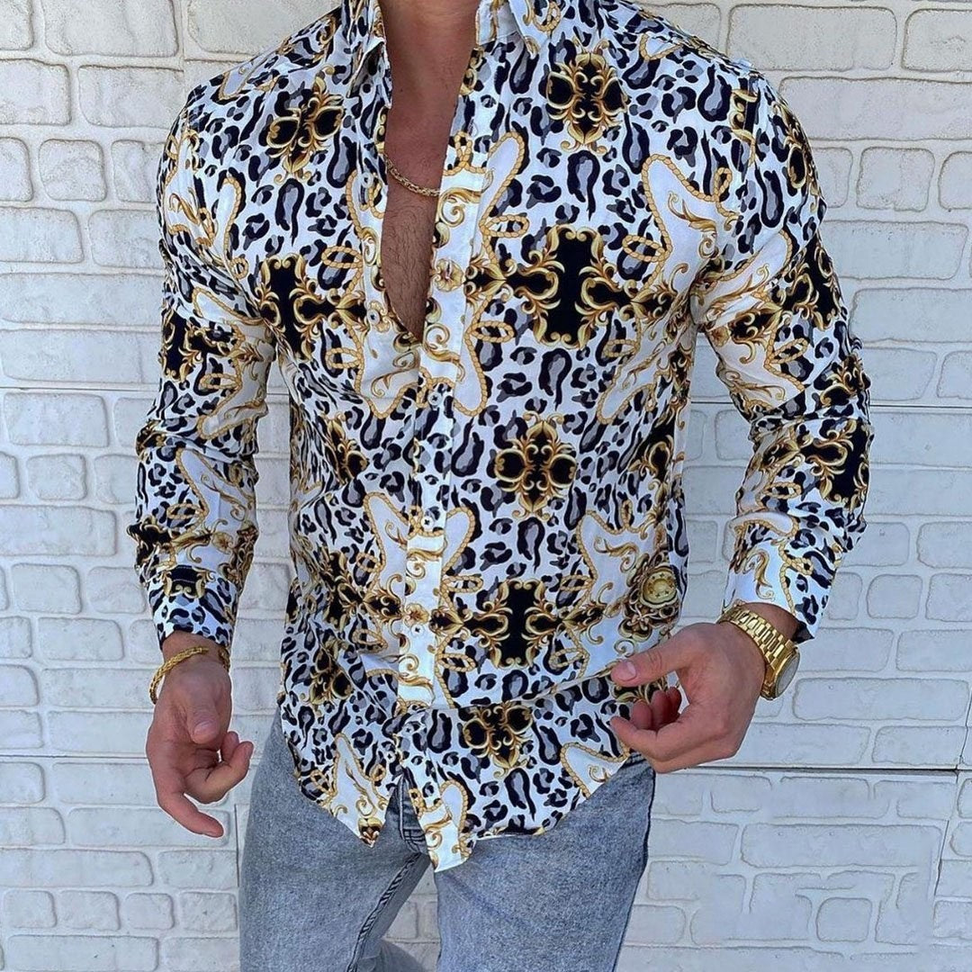 Lapel 3D Printed Casual Slim-fit Long-sleeved Shirt