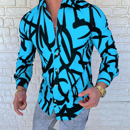 Lapel 3D Printed Casual Slim-fit Long-sleeved Shirt