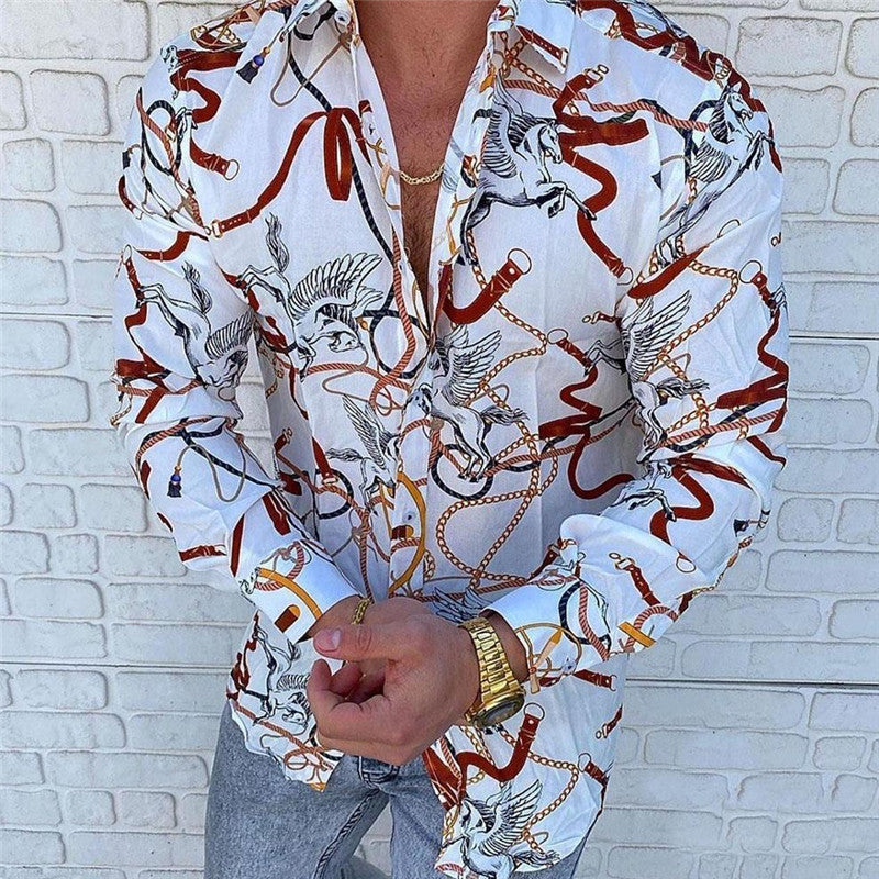 Lapel 3D Printed Casual Slim-fit Long-sleeved Shirt