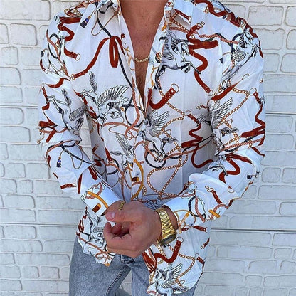 Lapel 3D Printed Casual Slim-fit Long-sleeved Shirt