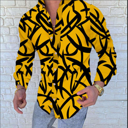 Lapel 3D Printed Casual Slim-fit Long-sleeved Shirt