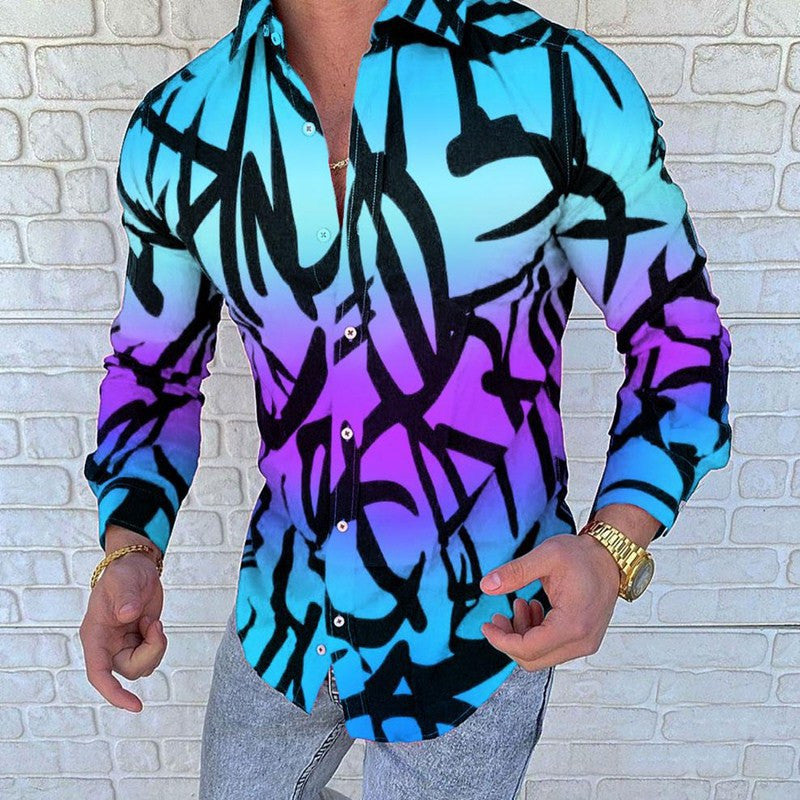 Lapel 3D Printed Casual Slim-fit Long-sleeved Shirt