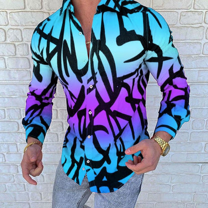 Lapel 3D Printed Casual Slim-fit Long-sleeved Shirt