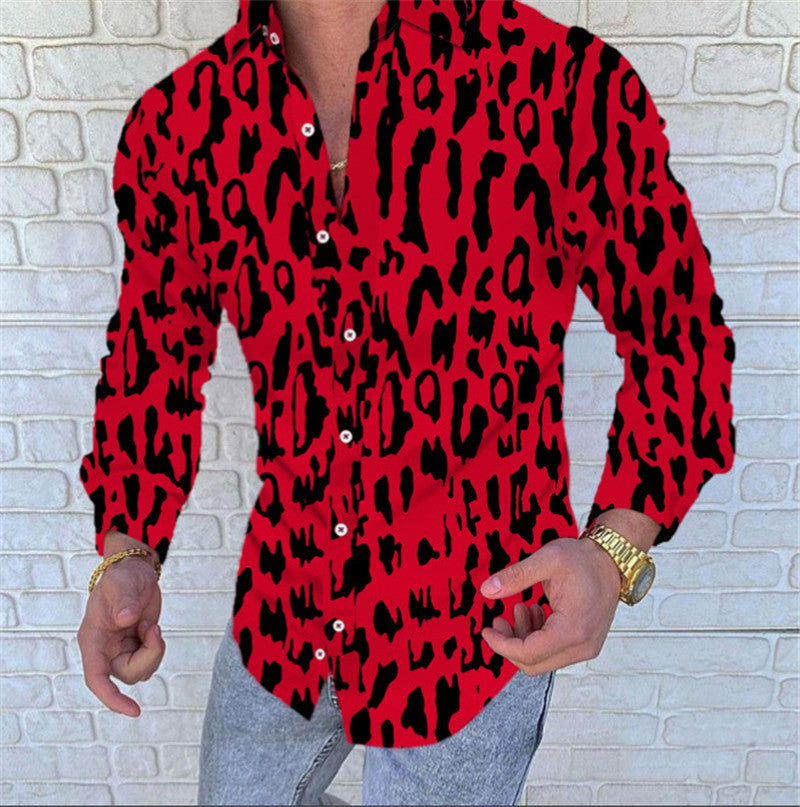 Lapel 3D Printed Casual Slim-fit Long-sleeved Shirt