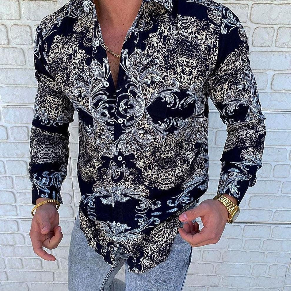 Lapel 3D Printed Casual Slim-fit Long-sleeved Shirt