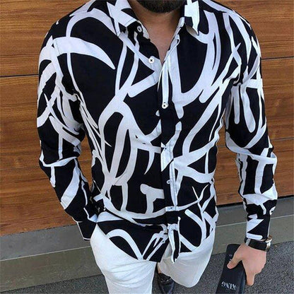 Lapel 3D Printed Casual Slim-fit Long-sleeved Shirt