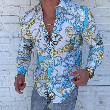Lapel 3D Printed Casual Slim-fit Long-sleeved Shirt
