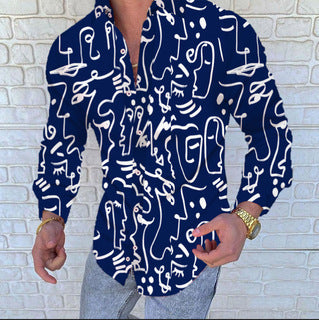 Lapel 3D Printed Casual Slim-fit Long-sleeved Shirt